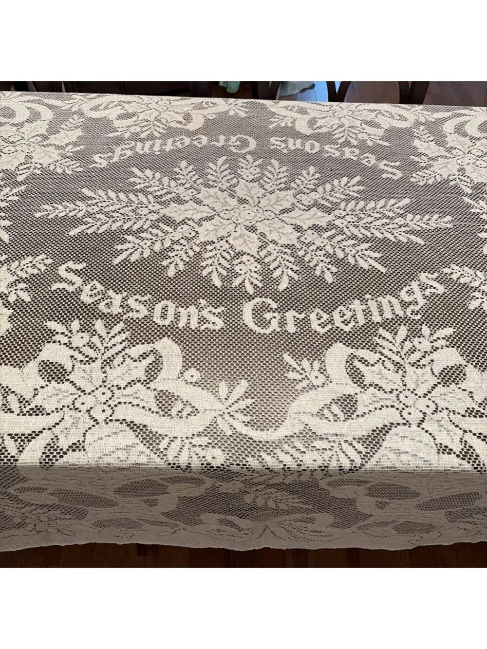 Vintage Christmas Lace Tablecloth Rectangular 108x68” Seasons Greetings Bells